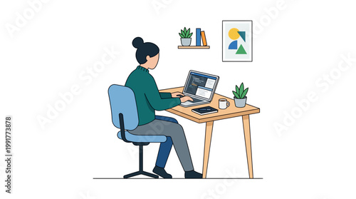 A focused young woman sits at her desk using a modern laptop to write software code for a new project