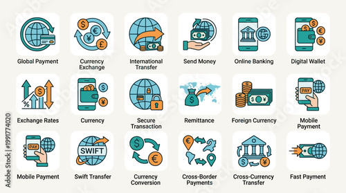A set of colorful flat vector icons representing various global financial transactions, digital payments, and international money transfer services online