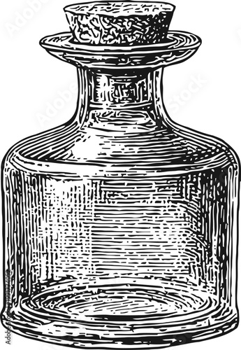 Vintage glass inkwell with stopper antique writing tool container classic bottle design line art engraving