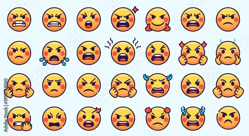 Collection of various crying and frustrated emoticon faces ai dashboard data visualization futuristic interface analytics UI digital technology