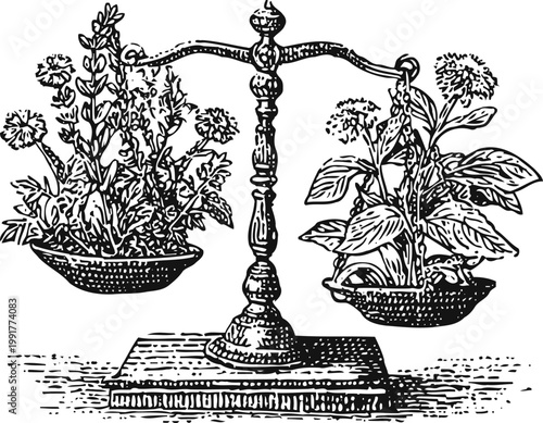 Vintage botanical balance scale illustration with flowers and leaves in weighing pans