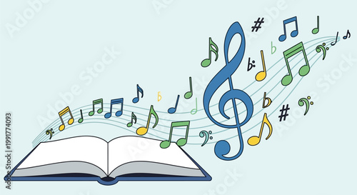 Open book with floating colorful musical notes and treble clef symbol.