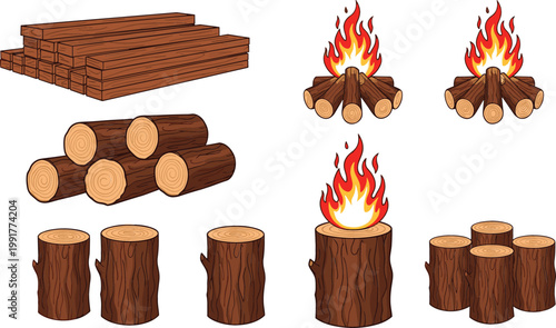 Wood logs and campfire elements collection with burning fire and timber pieces, rustic nature vector set for outdoor and camping design isolated on white background