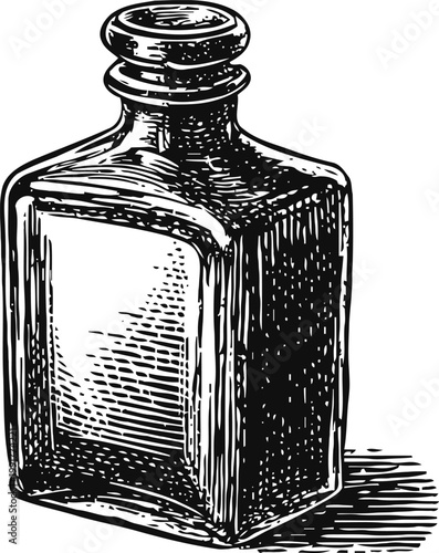 Vintage glass bottle with stopper antique container illustration, empty old fashioned jar for liquids or medicine