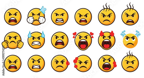 Angry and frustrated emoticons with various expressions on white background ai dashboard data visualization futuristic interface analytics UI digital technology