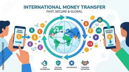 Two people using smartphones to send and receive international money transfers with various global currency icons and digital secure technology