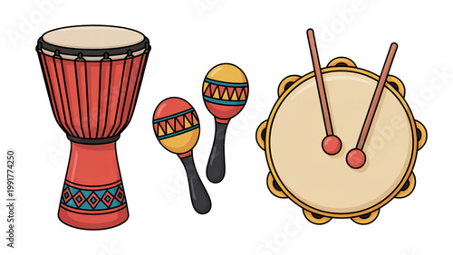 Colorful traditional african hand drums and percussion instruments set