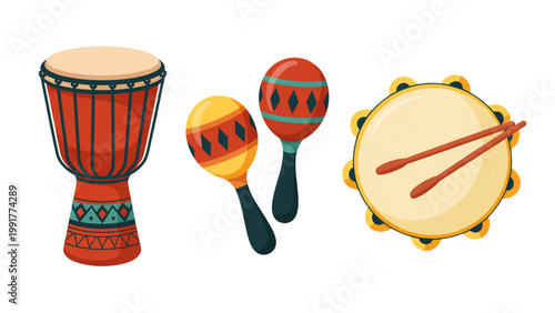 Colorful set of traditional hand percussion instruments displayed together