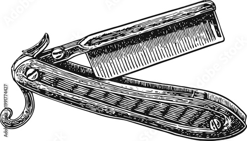 Vintage straight razor with comb attachment, classic shaving tool illustration