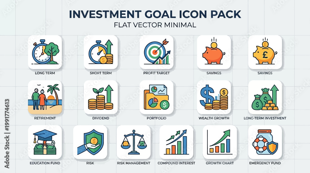 Fototapeta premium This collection of flat vector icons displays various financial investment goals including savings, retirement planning, growth charts, and wealth management strategies.