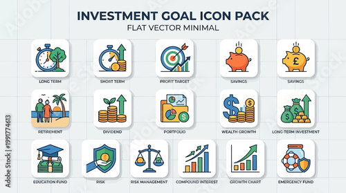 This collection of flat vector icons displays various financial investment goals including savings, retirement planning, growth charts, and wealth management strategies.