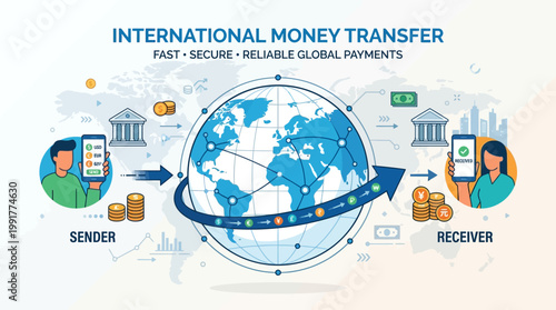 Sender and receiver engage in fast, secure, reliable international money transfer using mobile phones and global banking.