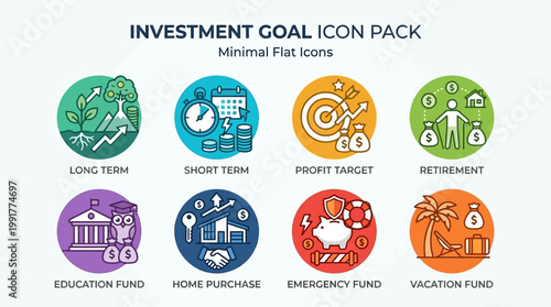 A set of colorful flat icons illustrating various investment goals such as retirement, education, and savings for a secure future