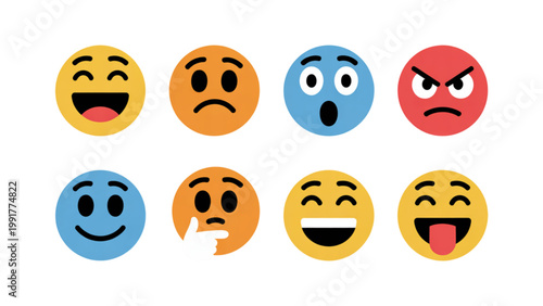 Collection of seven expressive cartoon faces displaying various emotions