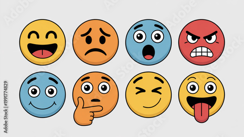 A collection of seven cartoon faces expressing various emotions