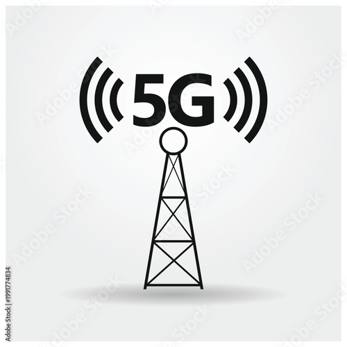 5g telecommunication tower and signal icon vector flat design.