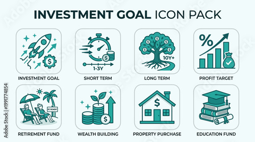 A comprehensive collection of modern, visually appealing teal-colored outline icons representing various essential financial investment goals, strategies, and planning objectives.