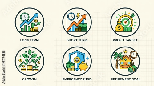 Visualizing financial concepts: six vibrant icons representing long-term and short-term investments, growth, profit targets, emergency funds, and retirement goals for optimal planning.