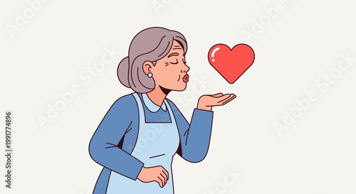 Elderly woman blowing a kiss with a heart.