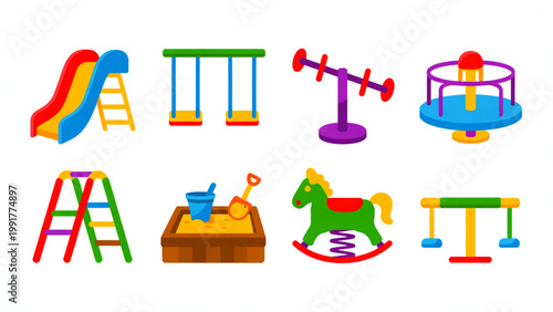 Colorful playground equipment set with slides, swings, and climbing structures