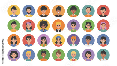 Colorful set of diverse cartoon faces expressing various emotions and activities