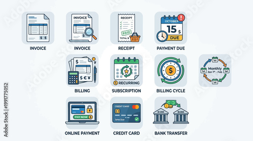 Set of professional finance icons illustrating diverse billing processes including invoices, recurring subscriptions, payment due dates, online transactions, and secure global bank money transfers