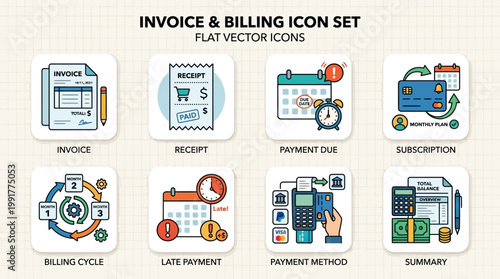Set of flat vector icons illustrating invoice, receipt, billing cycle, late payment, and summary clearly.