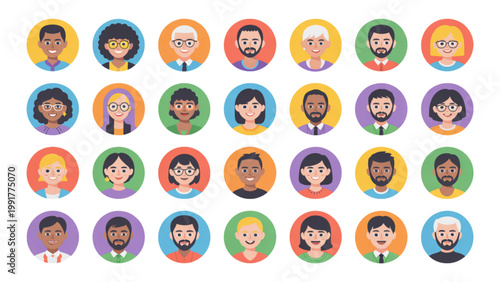 Colorful collection of diverse smiling human faces in circular icons