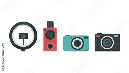 Set of four vintage-style cameras and a speaker in flat design icons