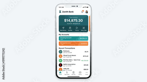 A modern smartphone displays a mobile banking application interface, showcasing total account balances, recent transactions, and diverse financial management options.