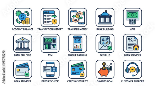 Collection of flat design icons representing banking services, financial transactions, and customer support operations