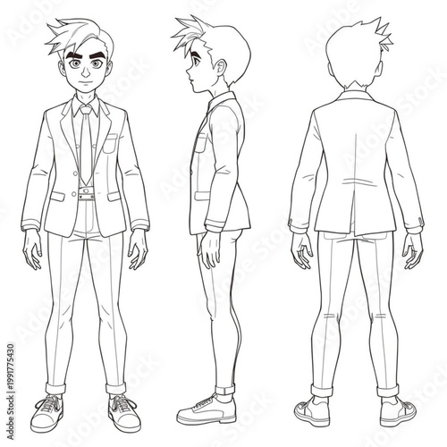 Detailed character design illustration of a young man in a modern suit, showcasing full-body front, side, and back views for animation and graphic projects