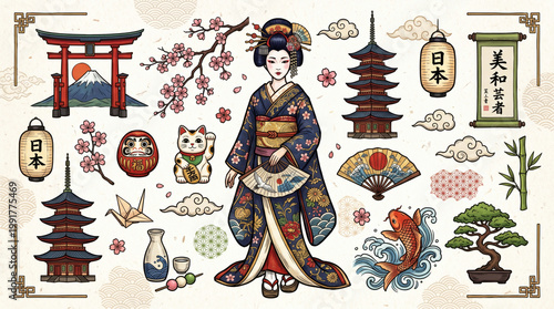 Traditional japanese cultural elements with a geisha mount fuji pagoda koi