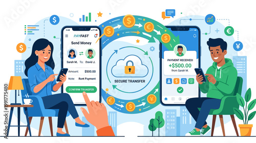 Two people using smartphones to securely send and receive money through a digital payment application on their devices.