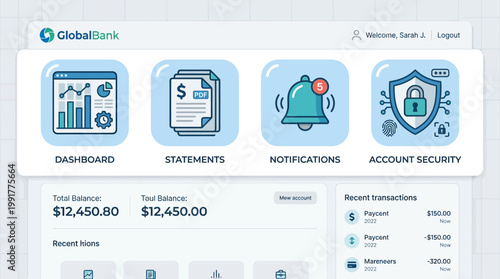 A digital banking interface displays financial dashboard tools including account balances, recent transaction history, security features, and statement documentation for an online bank user.