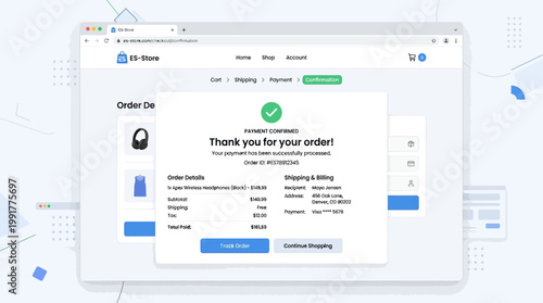 Online shopping order confirmation screen shows payment details and successful transaction for headphones and clothing.