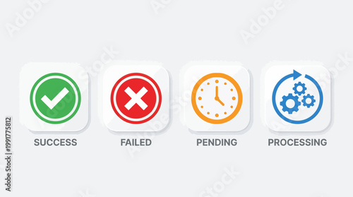 Four colorful app icons representing success, failed, pending, and processing status updates for modern digital interfaces and web dashboard systems