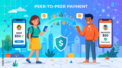 Young people use their smartphones to complete a secure peer to peer financial transaction with digital money and currency symbols