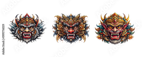 Collection of three intricately detailed mythical creature head vector illustrations, featuring ornate traditional designs and fierce expressions, inspired by ancient folklore and legendary beasts