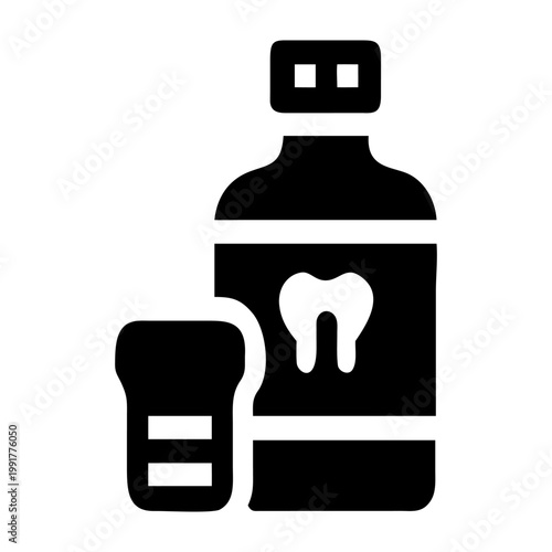 Dental Care Essentials: A minimalist depiction of a bottle of mouthwash and a measuring cup, the image is a stark illustration focused on the essentials of dental hygiene. 