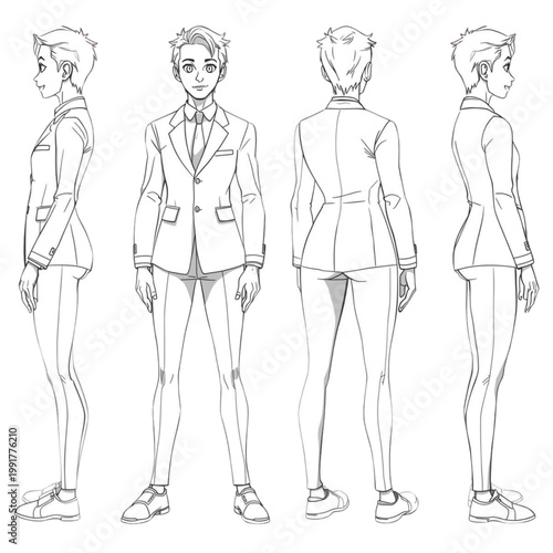Comprehensive Character Design Turnaround Sheet of a Young Professional Figure in a Modern Suit, Showcasing Multiple Angles for Animation and Game Development Reference