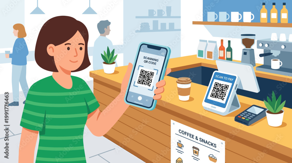 Fototapeta premium Woman uses smartphone to scan QR code for contactless payment at coffee shop counter