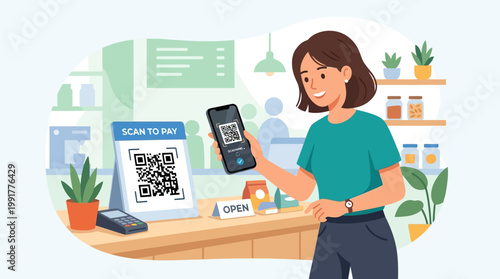 A smiling woman uses her smartphone to scan a QR code for a quick, contactless payment, showcasing modern transaction methods.