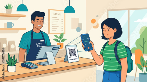 A young female customer uses her mobile phone to scan a qr code for digital payment at a coffee shop counter.