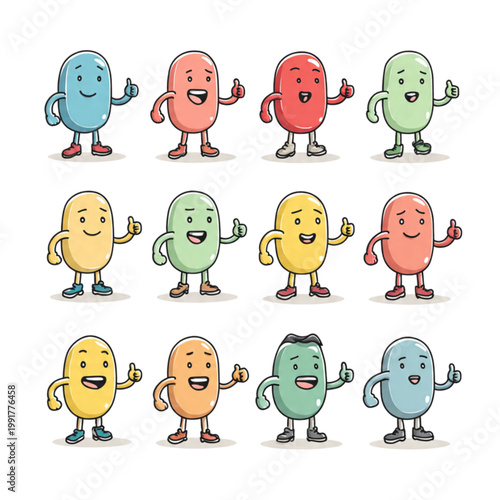 Cute, colorful cartoon characters giving thumbs up, illustrated collection of happy bean-shaped figures