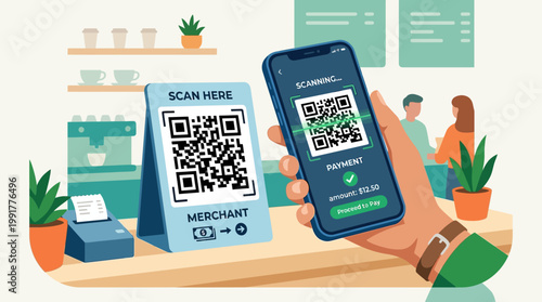 A person holds a smartphone to scan a merchant qr code sign for completing a quick contactless digital mobile payment transaction