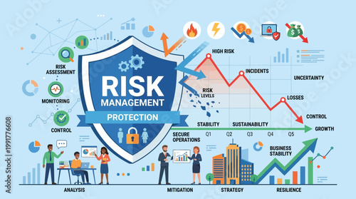 This informative infographic visualizes the complete risk management process, from initial assessment to strategic mitigation, ensuring business protection, stability, and growth.