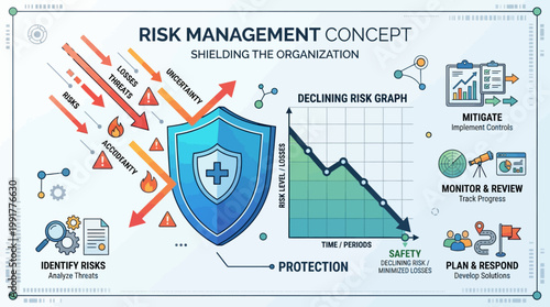 Comprehensive risk management concept illustrates shielding the organization from threats, losses, and accidents.