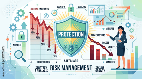 A professional businesswoman explains comprehensive risk management strategies, illustrating protection, mitigation, and secure growth through engaging data analysis infographics.