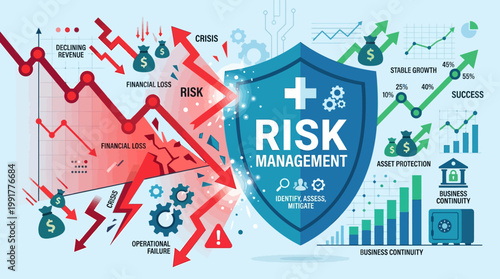 Visualizing comprehensive business risk management through a protective shield, mitigating financial crises, declining revenue, and operational failures, leading to stable growth and success.